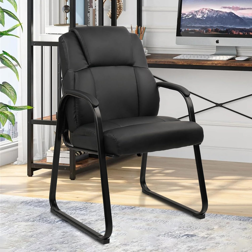 CLATINA Leather Waiting Room Chair, Sled Base No Wheels Reception Guest Chair with Padded Armrest, Comfy Upholstered Office Computer Desk Chair for Home Office Meeting Room Lobby, Black, 8 Pack