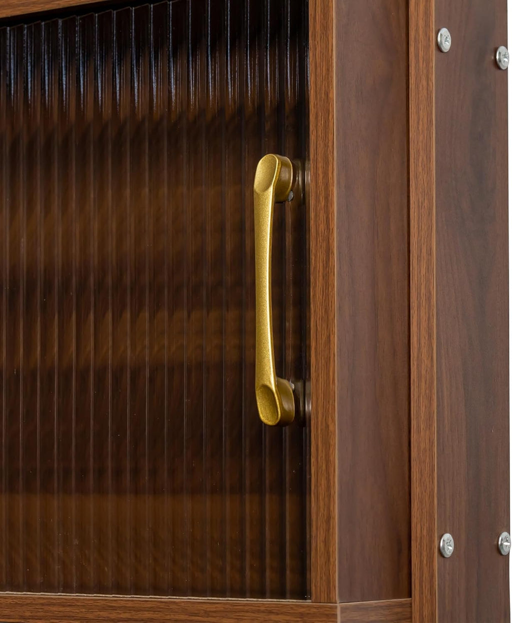 71" Kitchen Hutch Cabinet with Storage Pantry Storage Cabinet with Striped Glass Doors, Pegboard, Open Shelf and Countertop, Cupboard for Kitchen Dining Room, Walnut