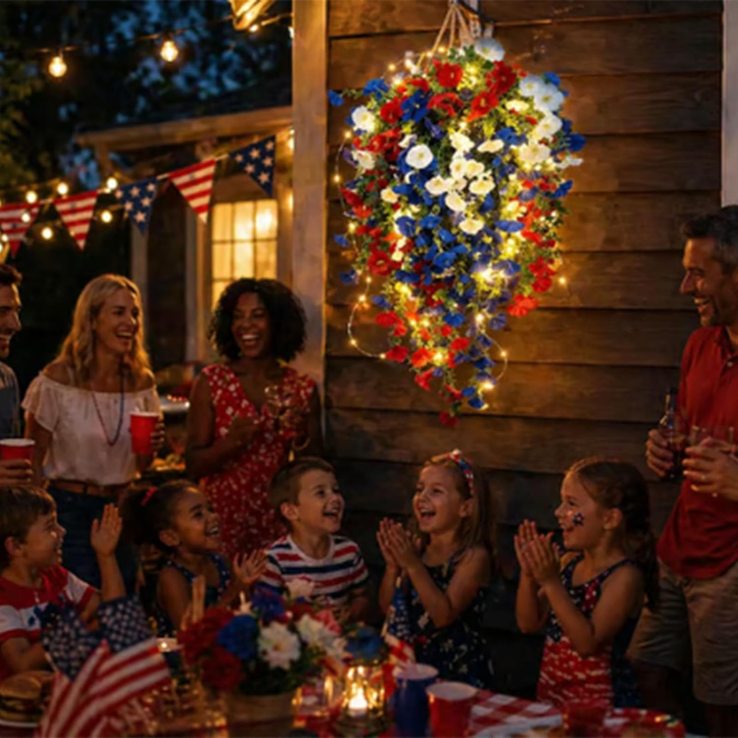 Patriotic Hanging Flower Baskets, Anniversary Porch Decor, red White and Blue Hanging Flowers, Artificial Hanging Plants red White and Blue (Without Light*2)