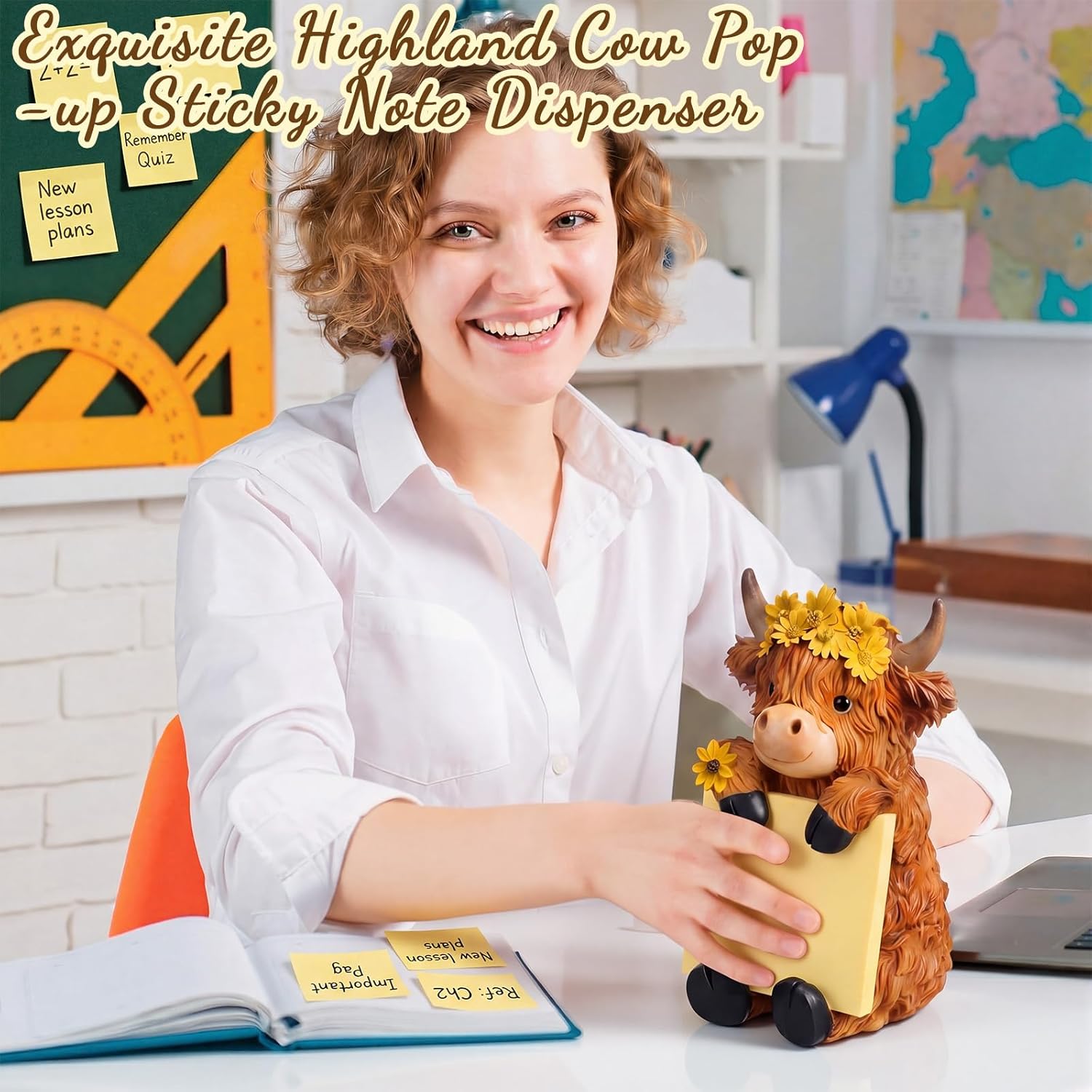 Thenshop Sunflower Highland Cow Pop up Sticky Note Dispenser Resin Highland Cow Note Holder with 100 Sheets 3 x 3 Inch Sticky Notes Desk Accessory for Office Home(Brown,Classic)