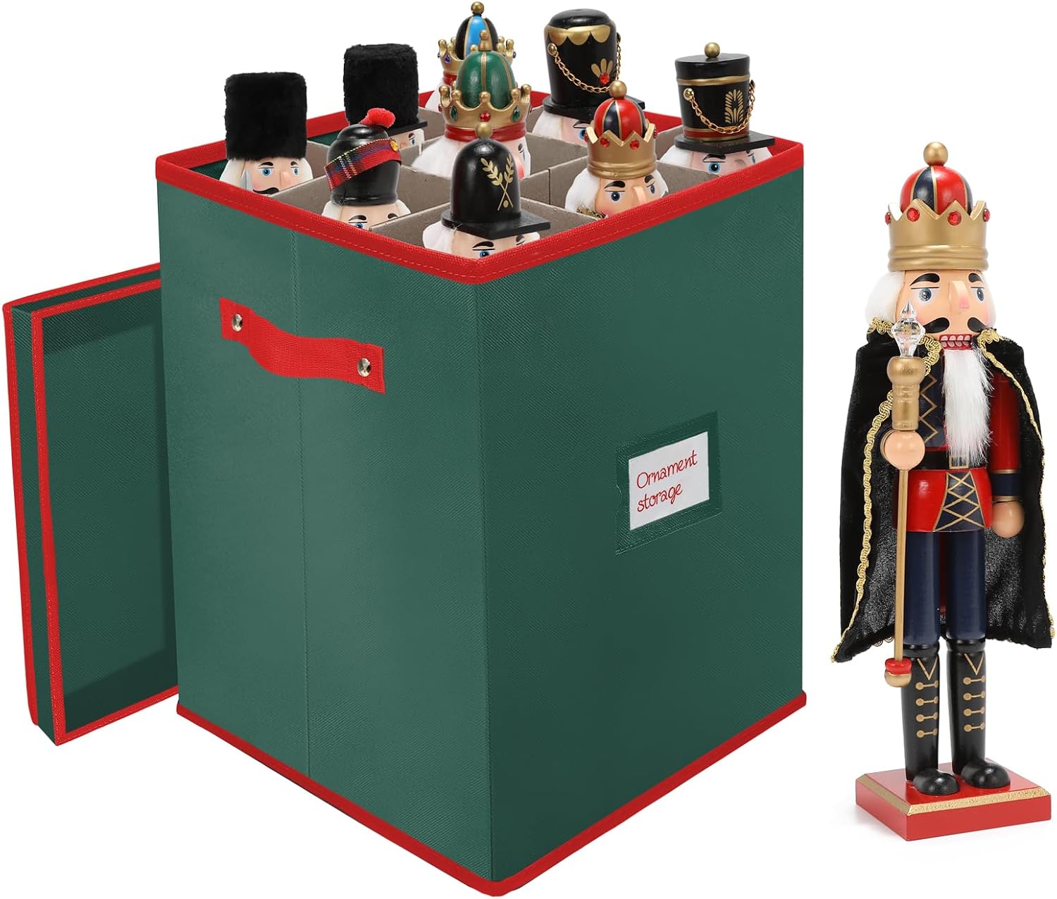 Christmas Nutcracker and Figurine Storage Box, Keeps 9 16" Tall Holiday Nutcrackers, Figurines, and More -Xmas Decor Collectible Organizer with Adjustable Dividers, 600D Oxford Fabric Tear-Proof