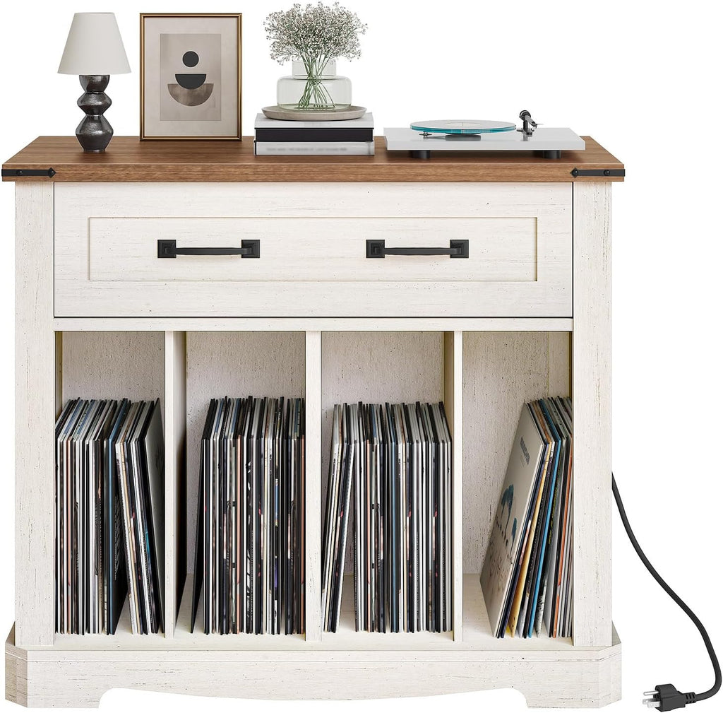 YATINEY Large Record Player Stand with Charging Station, Turntable Stand with Drawer, Vinyl Record Storage, End Side Table for Living Room,Vintage White and Brown ET75UWH
