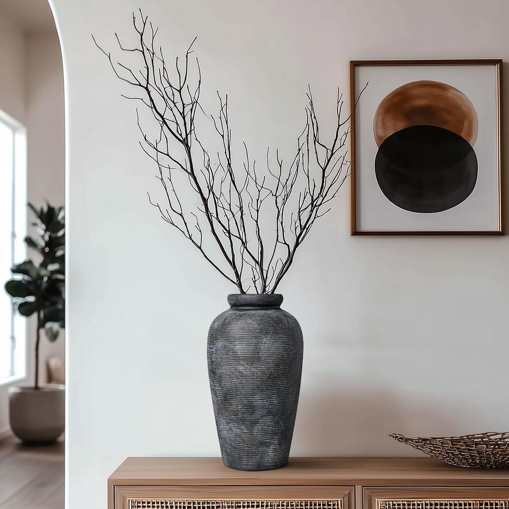 Rustic Vase, 11 inch Large Terracotta Flower Vase, Farmhouse Ceramic Pottery, Distressed Farmhouse Decor for Living Room, Shelf, Entryway, Room Decor, Black Bronze