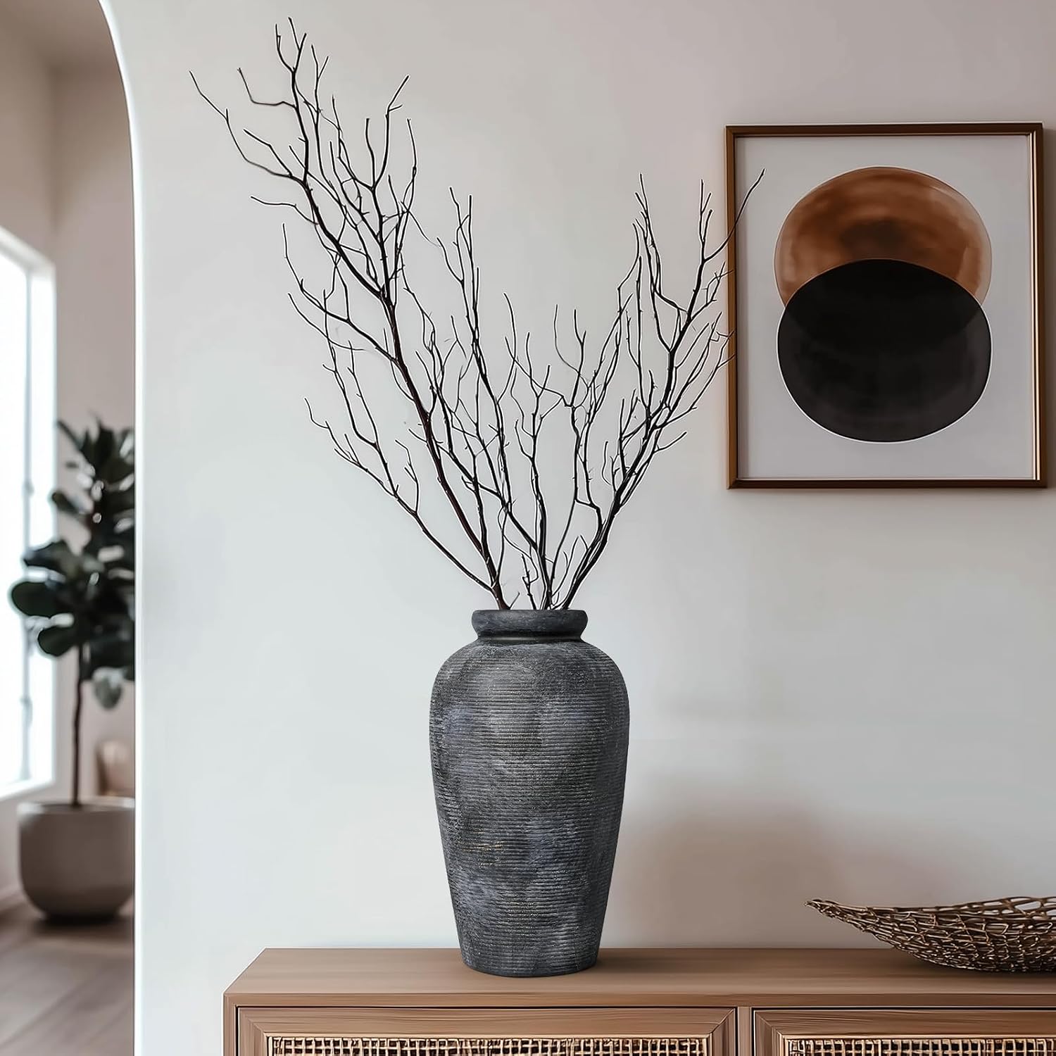 Rustic Vase, 11 inch Large Terracotta Flower Vase, Farmhouse Ceramic Pottery, Distressed Farmhouse Decor for Living Room, Shelf, Entryway, Room Decor, Black Bronze