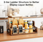 KLM Liquor Bottle Display Shelf, Coffee Syrup Rack Organizer, 2 Step Countertop Liquor Wine Rack, mini bar,Liquor Cabinet, Home Retro Bar Shelf Stand for Liquor Whiskey, Spirits, Brown