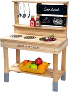 Wooden Mud Kitchen,Outdoor Play Kitchen with Sink,Blackboard and Accessories for Kids,Fir Wood Pretend Play Toy for Boys Girls Backyard