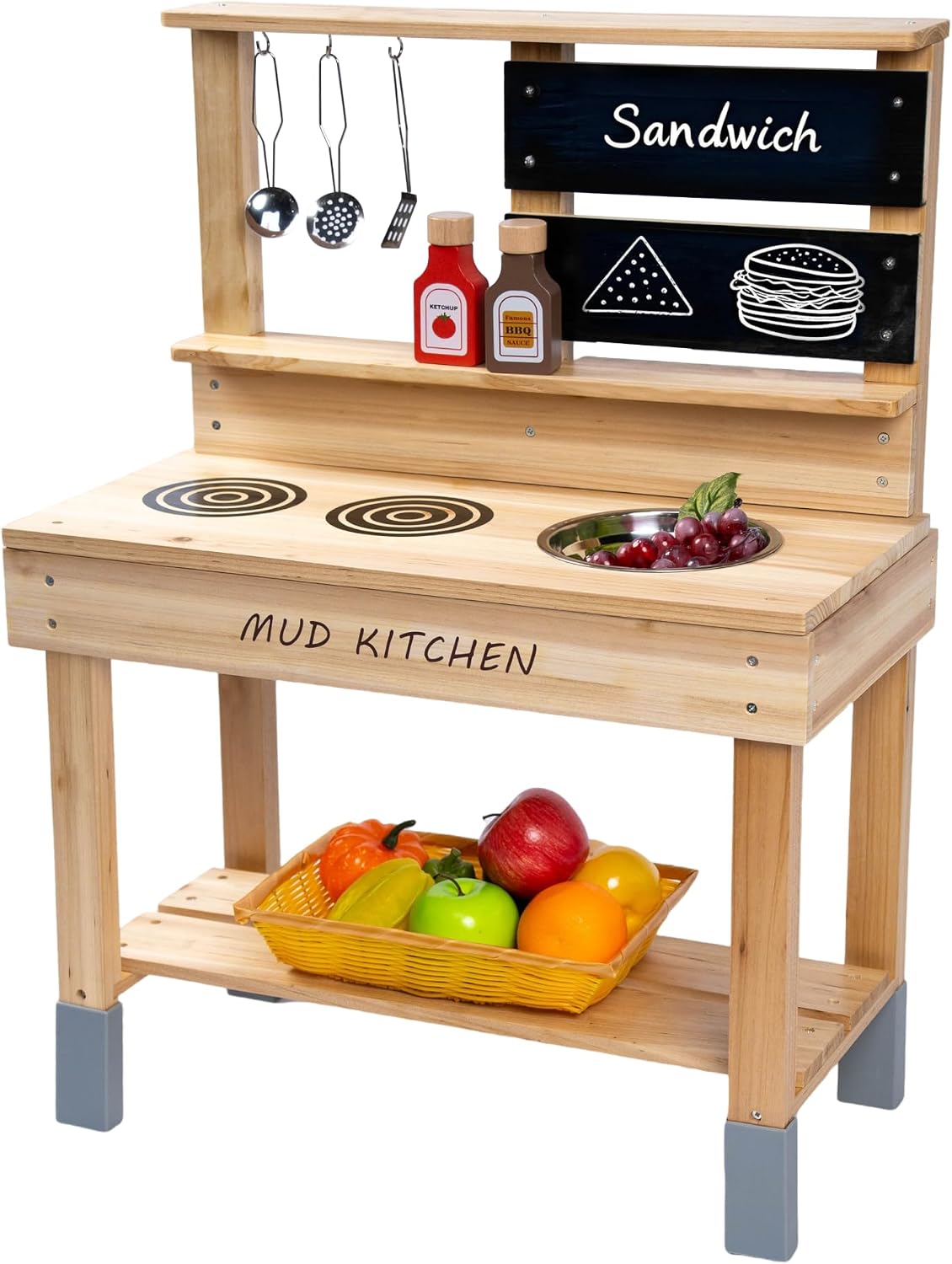 Wooden Mud Kitchen,Outdoor Play Kitchen with Sink,Blackboard and Accessories for Kids,Fir Wood Pretend Play Toy for Boys Girls Backyard