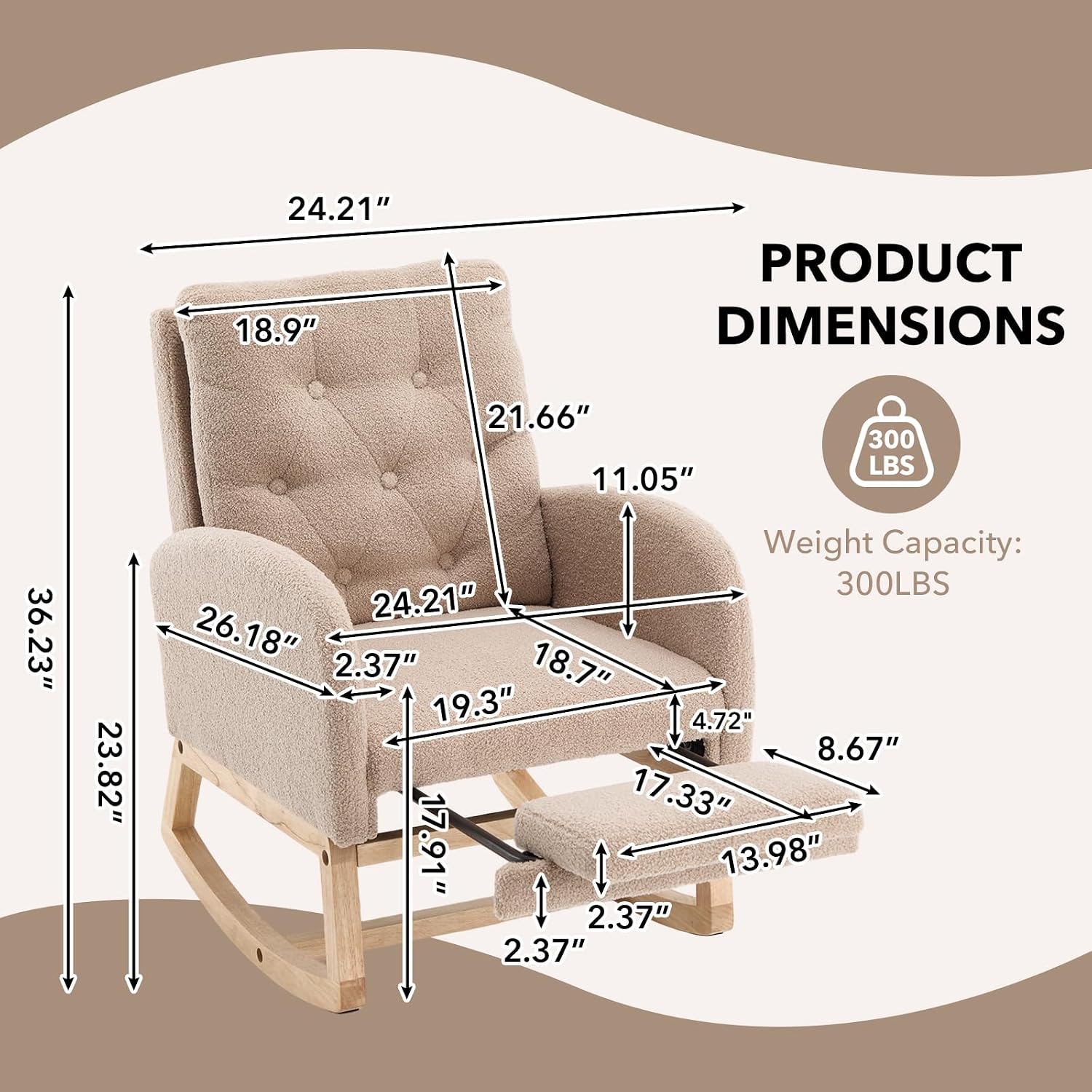 Nursery Rocking Chair, Teddy Upholstered Glider Rocker with Adjustable Footrest, Button Tufted Glider Recliner with Side Pocket & High Back, Accent Chair for Living Room (Brown Teddy)