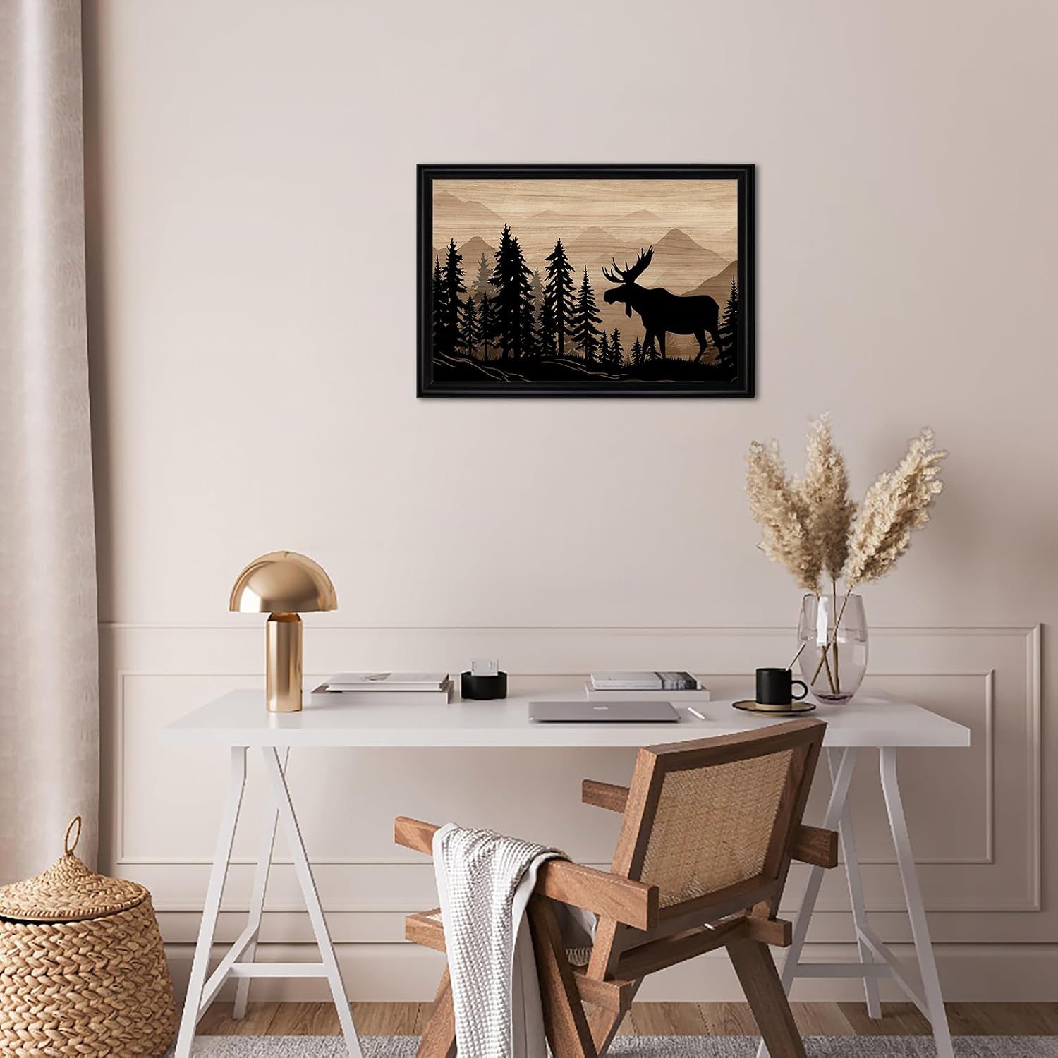 WELMECO Moose Wall Art Rustic Cabin Decor Farmhouse Bedroom Living Room Decoration, 16x24inch Forest Moose Painting Framed Canvas Art Print