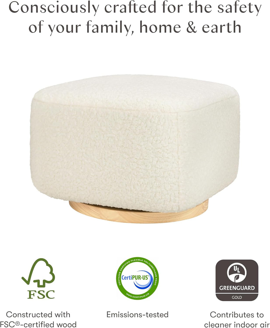 Babyletto Kiwi Gliding Ottoman in Cream Shearling with Light Wood Base, Greenguard Gold and CertiPUR-US Certified