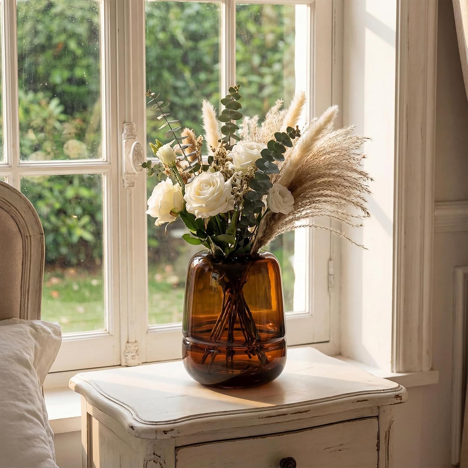 Relexome Amber Glass Flower Vase for Centerpieces Flowers 6.7 Inch Round Modern Glass Bud Vase Decorative Vases for Home Decor, Living Room, Dining Table, Entryway, Shelf, Office