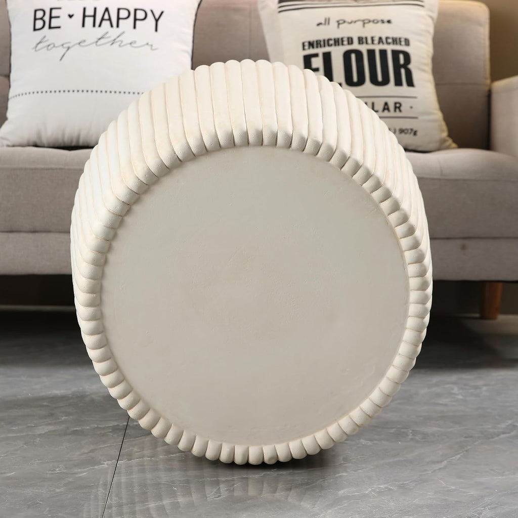 IRONORA White Vertical Fluted Round Side Table, Barrel Shaped Pedestal End Table, Pleated Textured Accent Coffee Table for Living Room Bedroom Entryway, Minimalist Indoor Decor Nightstand