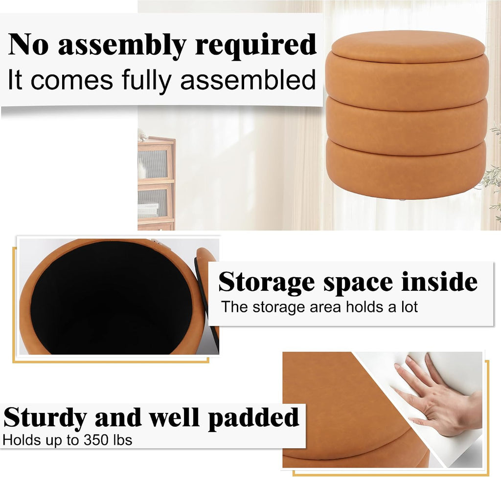 DAGONHIL Round Ottoman with Storage, PU Leather Footrest, Hidden Storage Ottoman Stool,Vanity Stool for Bedroom, Living Room, Entryway, Brown