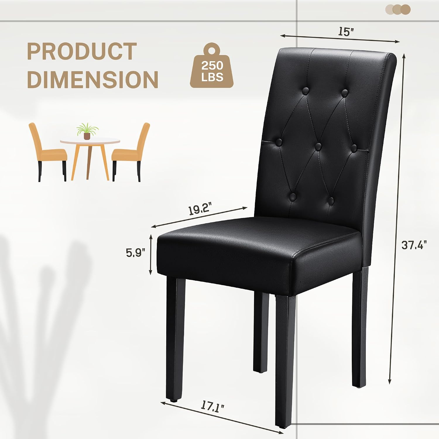 Furmax Upholstered Dining Chairs Set of 2, PU Leather Dinning Room Chairs, Button Tufted Kitchen Chairs with Adjustable Wood Legs for Dining Room/Living Room/Restaurant (Leather Black, 2)