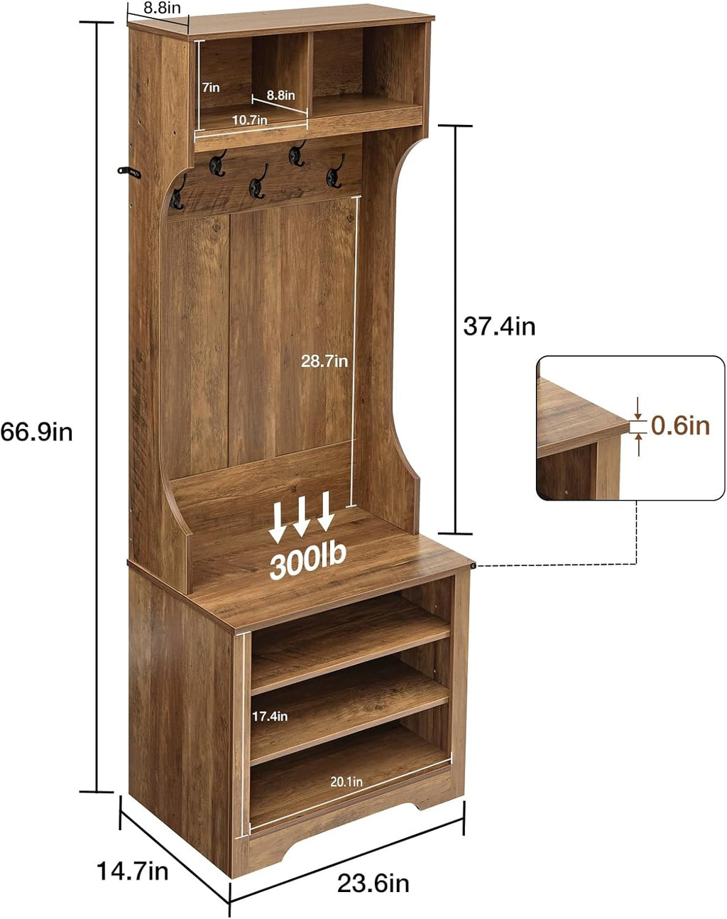 HOMMPA 24" Hall Tree with Bench and Shoe Storage, 5-in-1 Entryway Hall Tree with LED Light, 5 Tri-Hooks, Shoe Cabinet & Open Compartment, Farmhouse Style Mudroom Storage Bench w/Coat Rack for Hallway