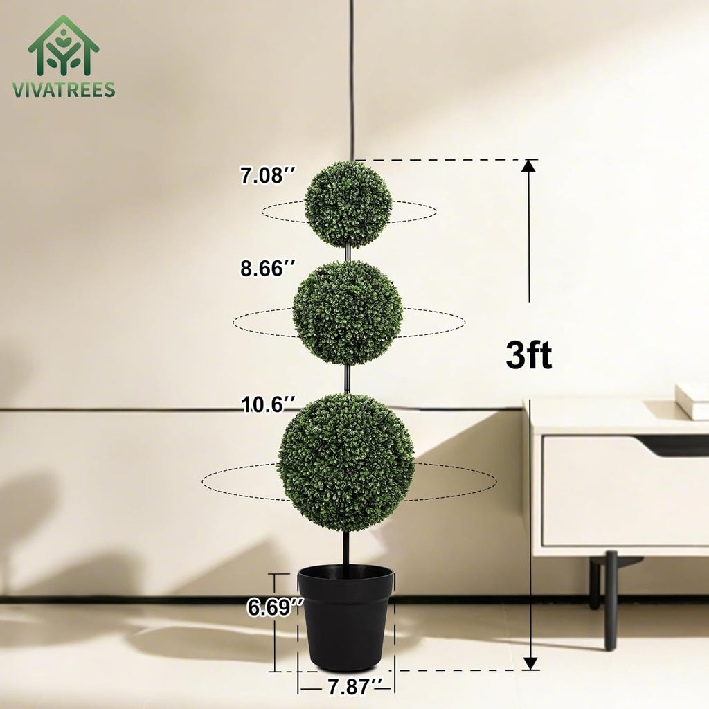 VIVATREES 3FT UV-Resistant Artificial Triple Ball Boxwood Topiary Set of 2, All-Weather Outdoor & Indoor Decor for Garden, Porch, Entryway