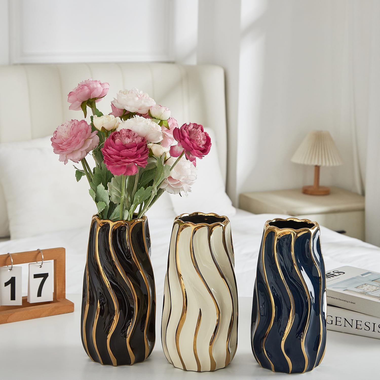 Ceramic Vase for Home Decor,Decorative Flower Vase, Vertical Stripe Ceramic Vases for Home Décor, Bedroom, Office, Living Room, Bathroom, Tabletop Decor, Centerpiece Table Decorations (Cream)