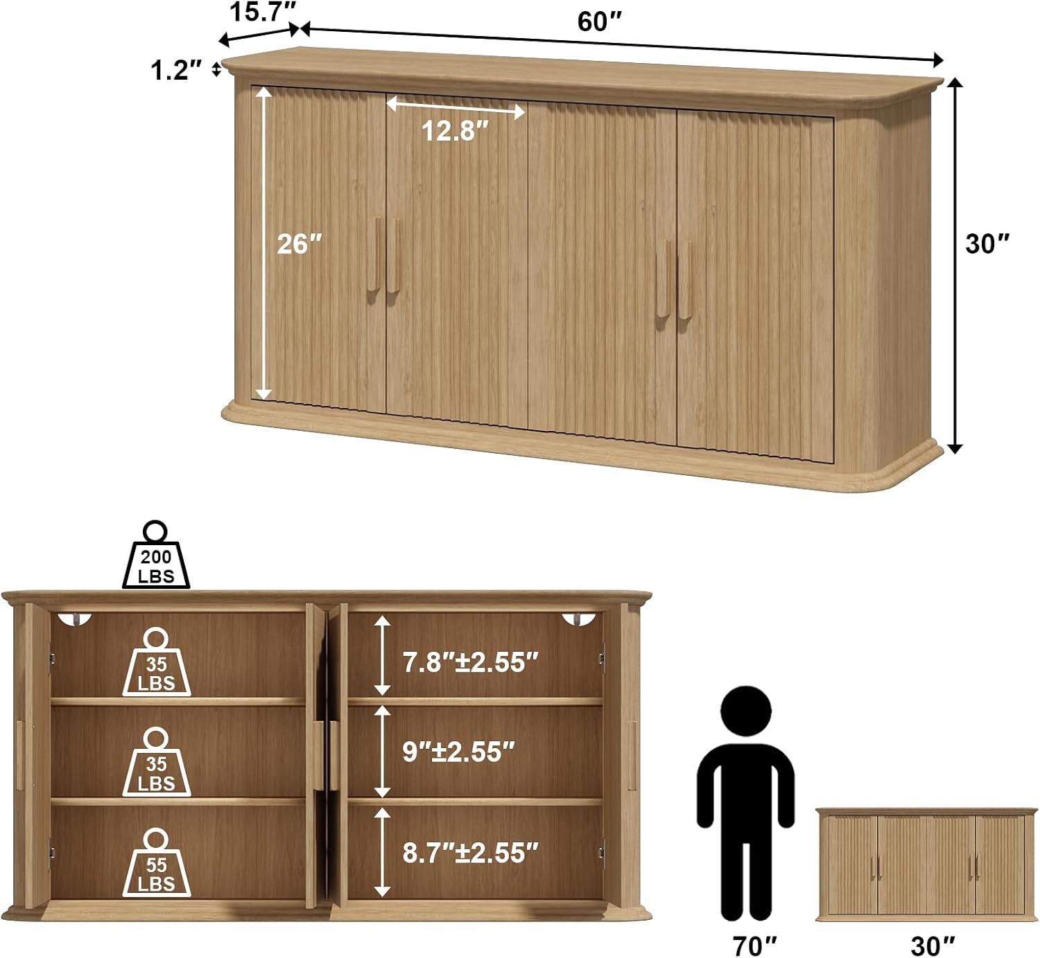 Fluted Sideboard Buffet Cabinet with Storage, 60" Modern Credenza with 4 Doors & Adjustable Shelves, Wood Coffee Bar Table for Living Room, Kitchen, Dining Room, Hallway, Natural Oak