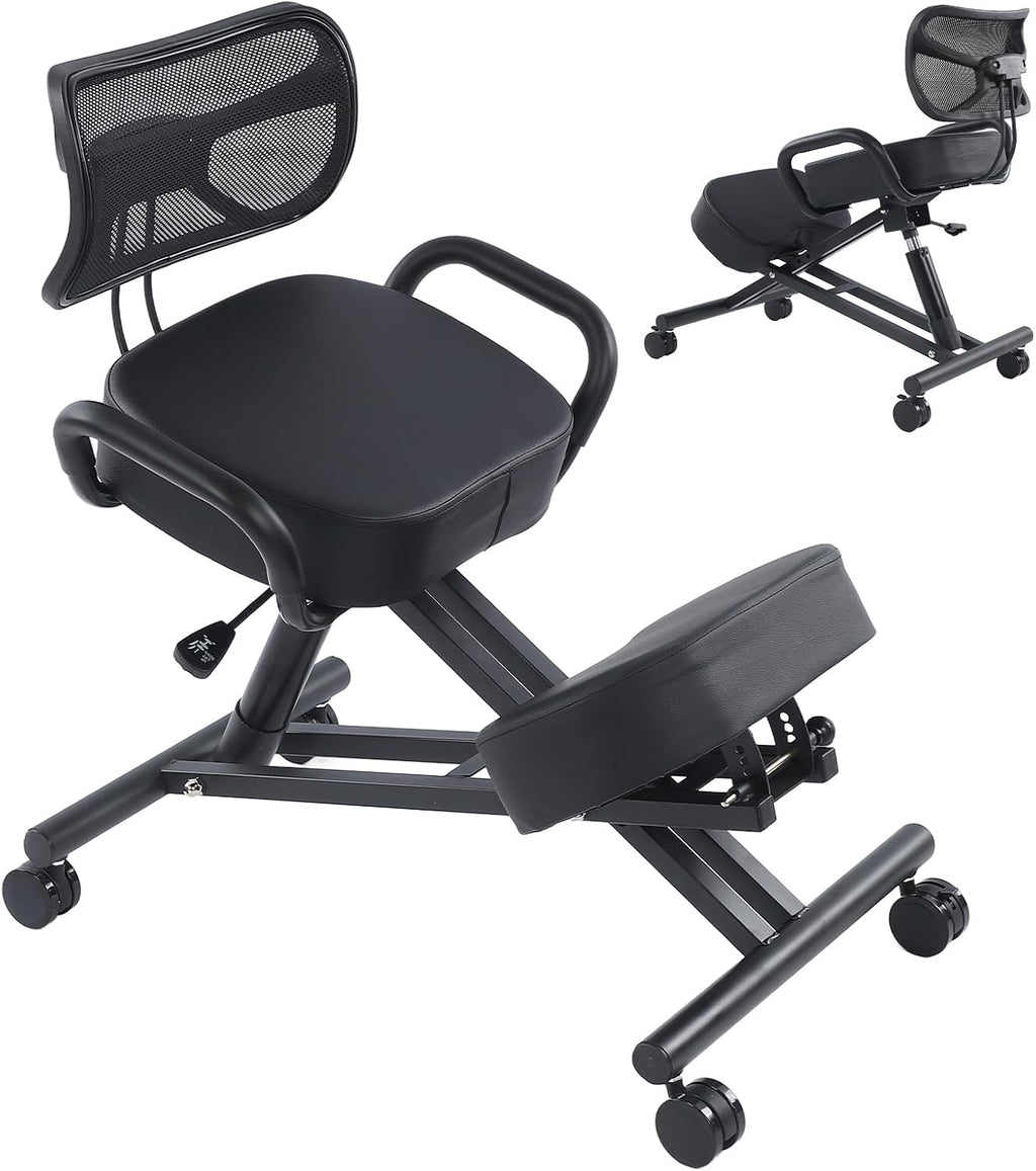 Height Adjustable Ergonomic Kneeling Chair, Breathable Mesh Back Leather Cushion Spine Alignment Multi Angle Adjustment for Home Office Study Working Relaxation Shoulder