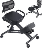 Height Adjustable Ergonomic Kneeling Chair, Breathable Mesh Back Leather Cushion Spine Alignment Multi Angle Adjustment for Home Office Study Working Relaxation Shoulder