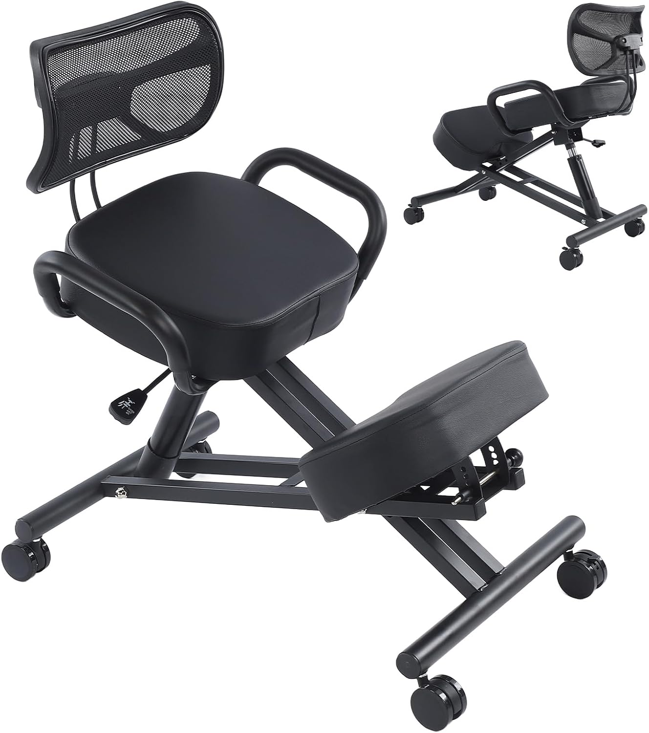 Height Adjustable Ergonomic Kneeling Chair, Breathable Mesh Back Leather Cushion Spine Alignment Multi Angle Adjustment for Home Office Study Working Relaxation Shoulder