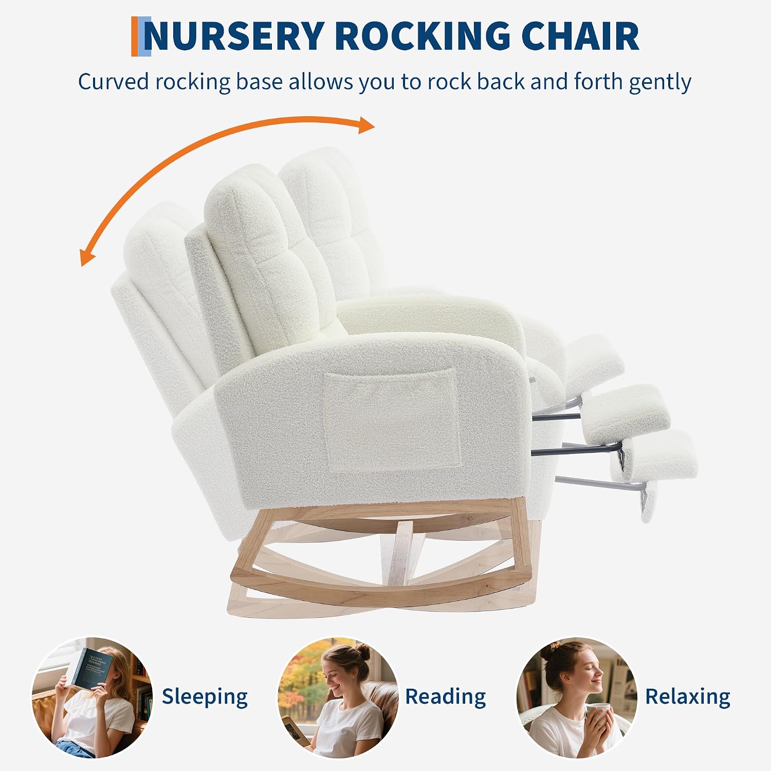 Teddy Upholstered Nursery Rocking Recliner with Footrest, Mid-Century Glider Chair with High Back, Side Pocket & Wood Legs for Bedroom, Living Room or Nursing Room, Teddy Beige