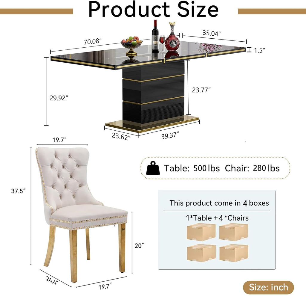 SSLine 5-Piece High-Gloss Black Dining Table Set for 4,Modern 70" Wood Kitchen Table with 4 Velvet Tufted Chairs,Luxury Rectangle Dining Room Tables with Pillar Gold Steel Pedestal Base