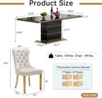 SSLine 5-Piece High-Gloss Black Dining Table Set for 4,Modern 70" Wood Kitchen Table with 4 Velvet Tufted Chairs,Luxury Rectangle Dining Room Tables with Pillar Gold Steel Pedestal Base