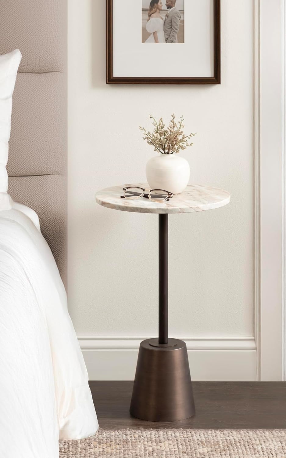 Kate and Laurel Tira Round Marble Side Table, 14 x 14 x 24, Brown Marble and Bronze, Decorative Pedestal End Table for Use as a Bedroom Nightstand or Living Room Plant Stand Table