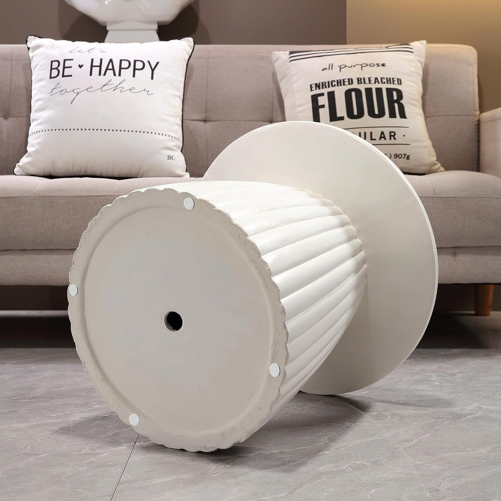 Henf 19.69" Round End Table for Indoor Outdoor, Fluted Pedestal Base, Magnesium Oxide, Waterproof, Unique Design MGO Accent Side Table Night Stand Bedside Table for Living Room Bedroom, White