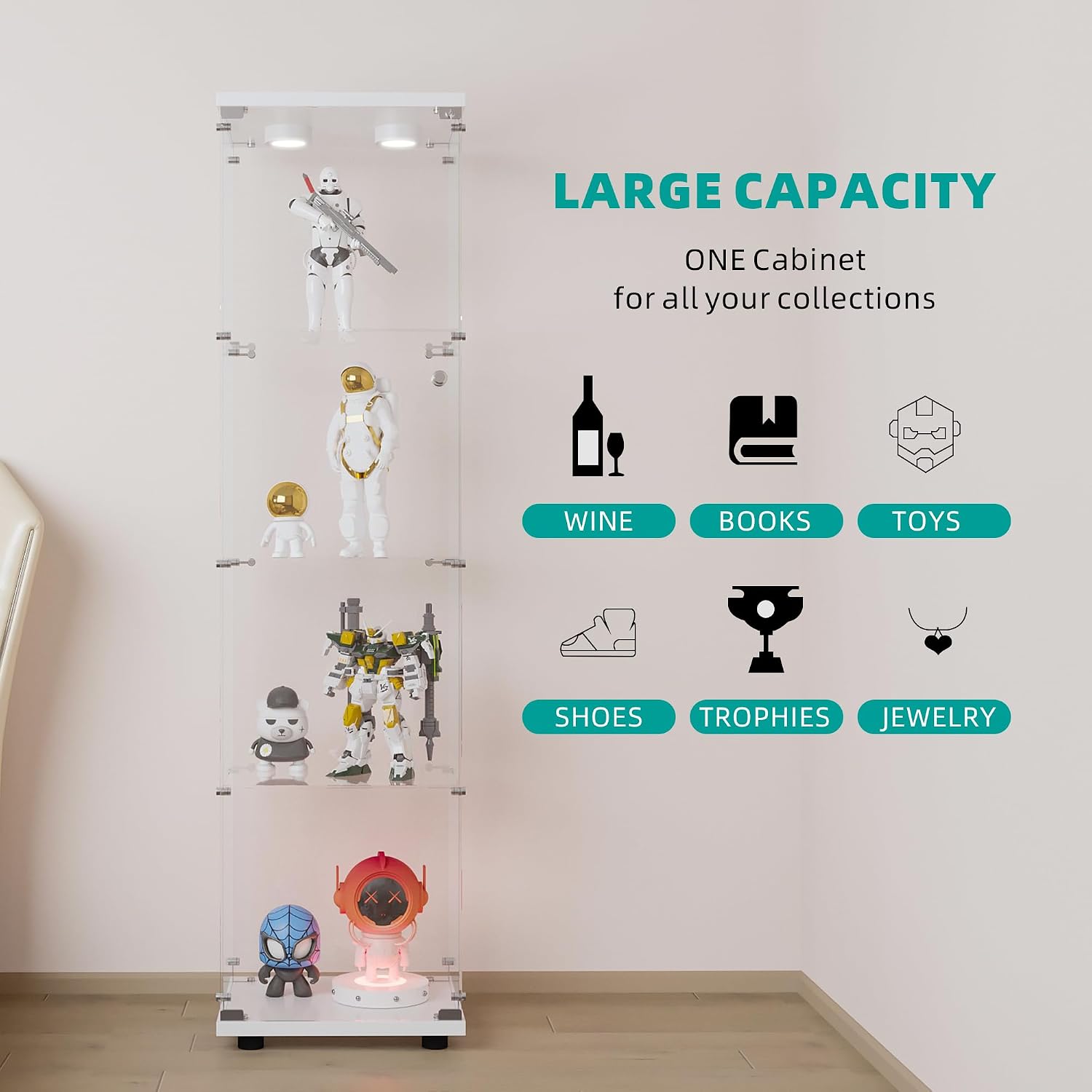 FANYUSHOW Display Cabinet with Glass Door and LED Light, 4-Tier Tempered Glass Display Shelf, Glass Curio Cabinet Collection Display Case, Display Case Cabinet, White 64.7" H x 16.7" L x 14.37" W