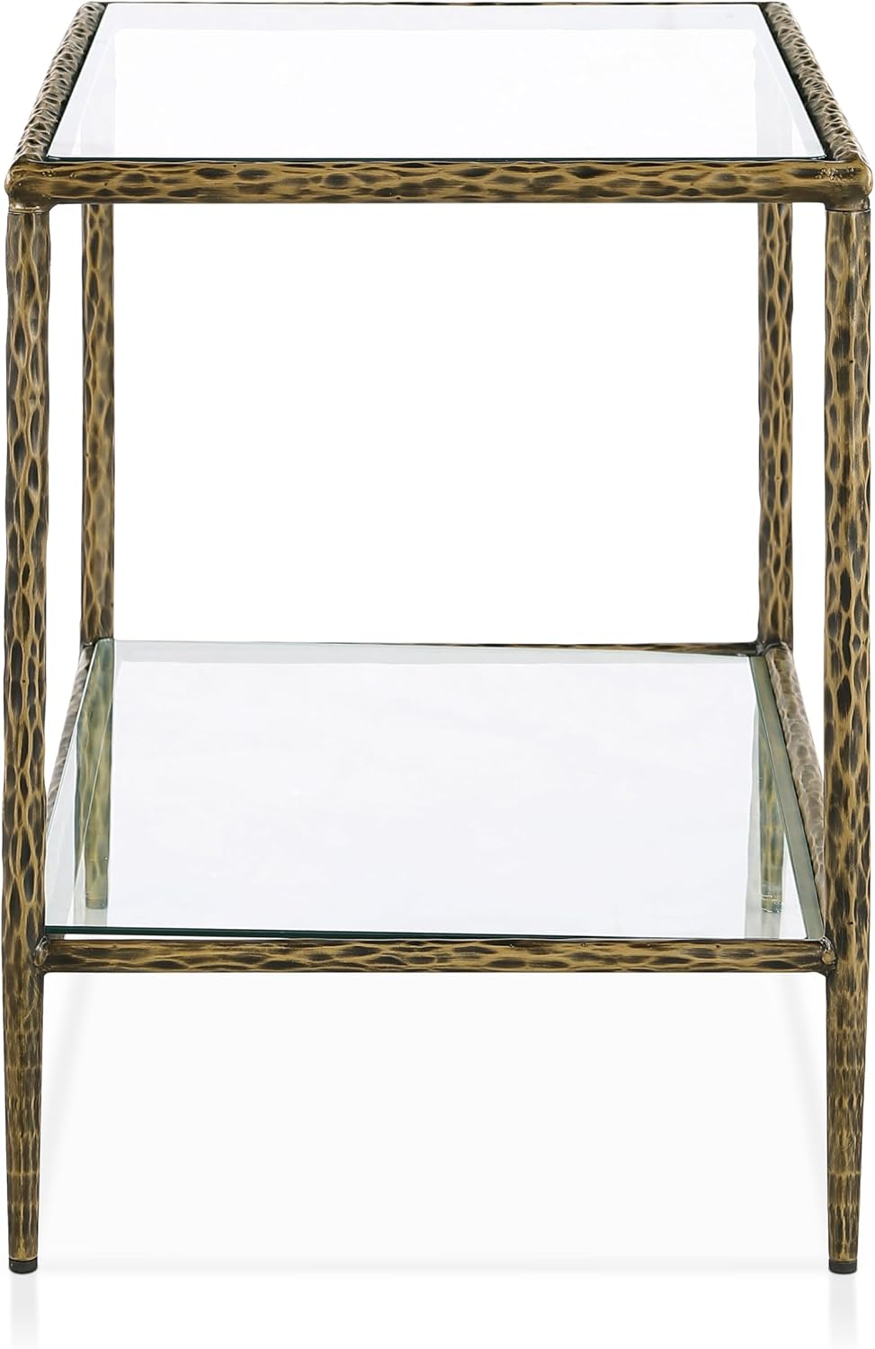 24/7 Shop at Home Lalia Modern 30-inch Metal End Table with Tempered Glass Top and Shelf, Hammered Steel Frame for Living Room, Matte Gold
