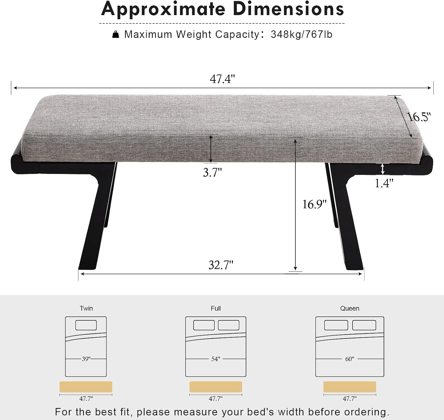 47" Upholstered Entryway Bench with Solid Wood Frame – Mid Century Modern End of Bed Bench, Dining Bench for Kitchen & Living Room, Grey