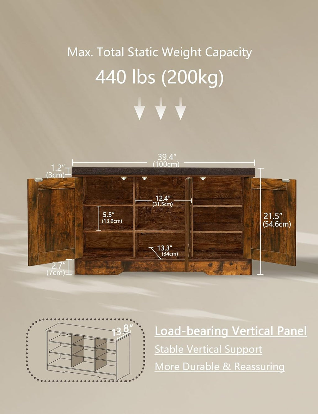 DINZI LVJ Shoe Storage Bench with Cushion, Entryway Bench with Seat & Doors | 3-Tier Shoe Cabinet Bench Fits 9 Pairs, Adjustable Shelves for Boots, Easy Assembly, Farmhouse, Bedroom, 39.4", Rustic Brown