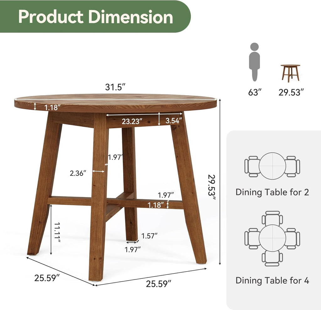 Solid Wood Round Dining Table for 2-4, 31.5-Inch Farmhouse Small Kitchen Table for Dining Room, Kitchen, or Small Spaces (Brown)