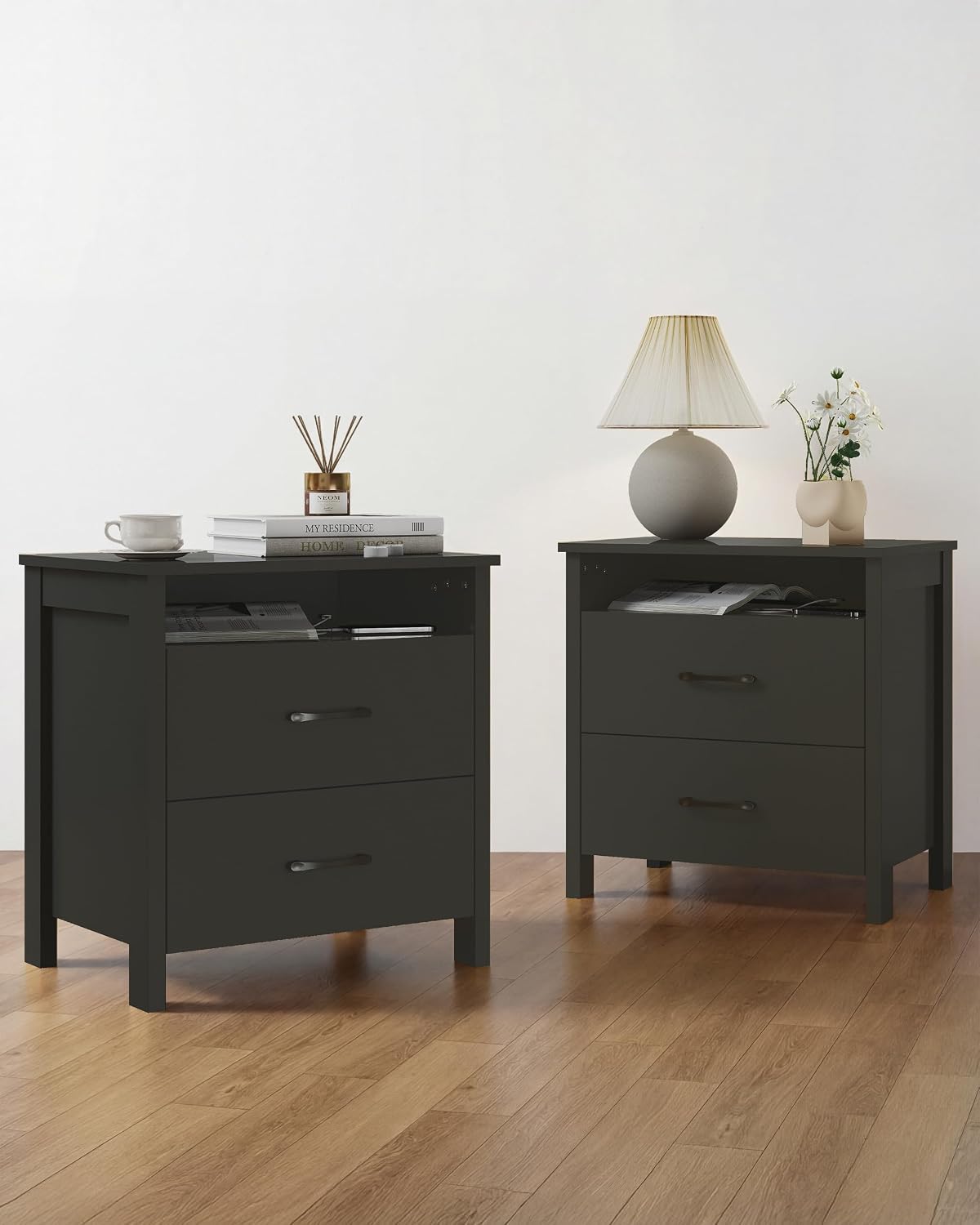 Nightstand Set of 2, Rustic Bedside Table with 2 Storage Drawers | Farmhouse Nightstand Set of 2, Wood End Table with Open Shelf, Side Table for Bedroom, Black