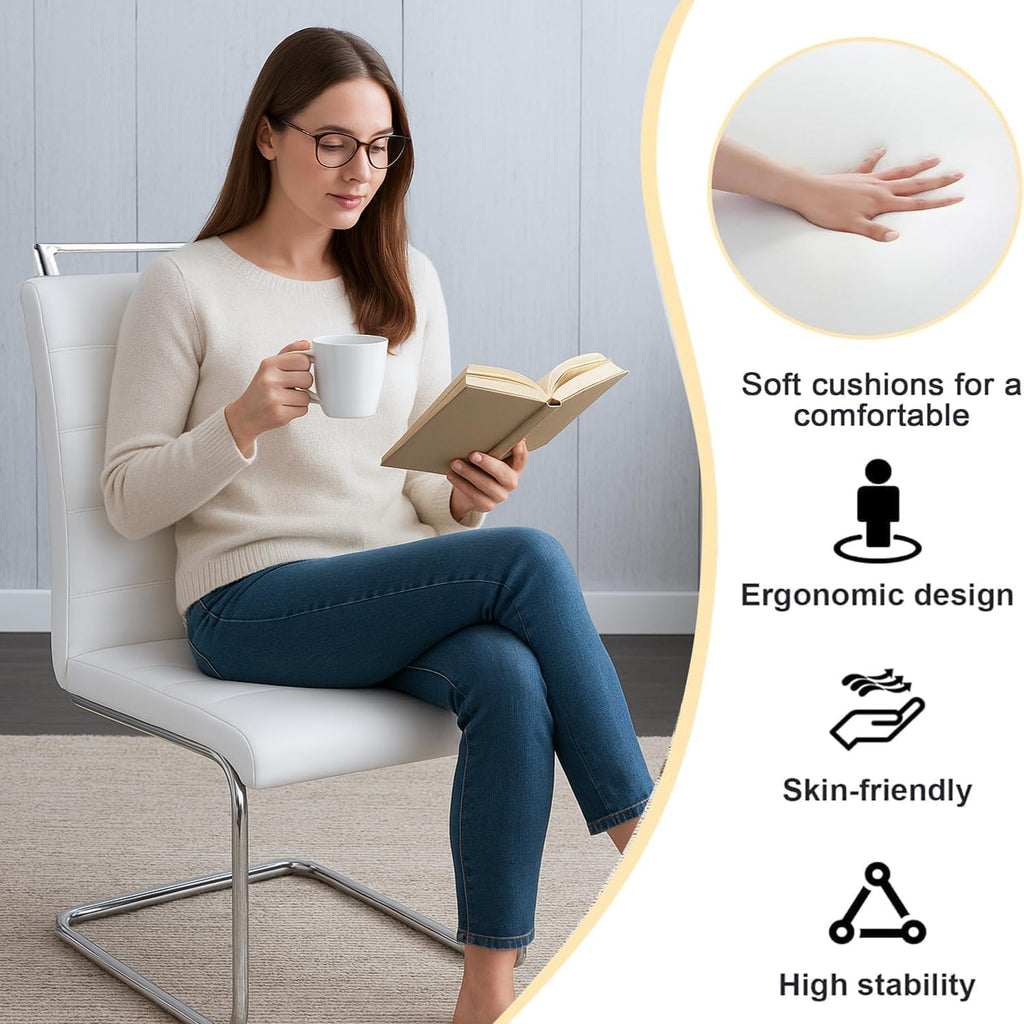 Dining Chairs Set 8, Armless White Kitchen Chairs,Waterproof Faux Leather Dinner Chairs with Upholstered Seat,Armless Side Chairs with Silver Metal Frame for Kitchen Dining Room