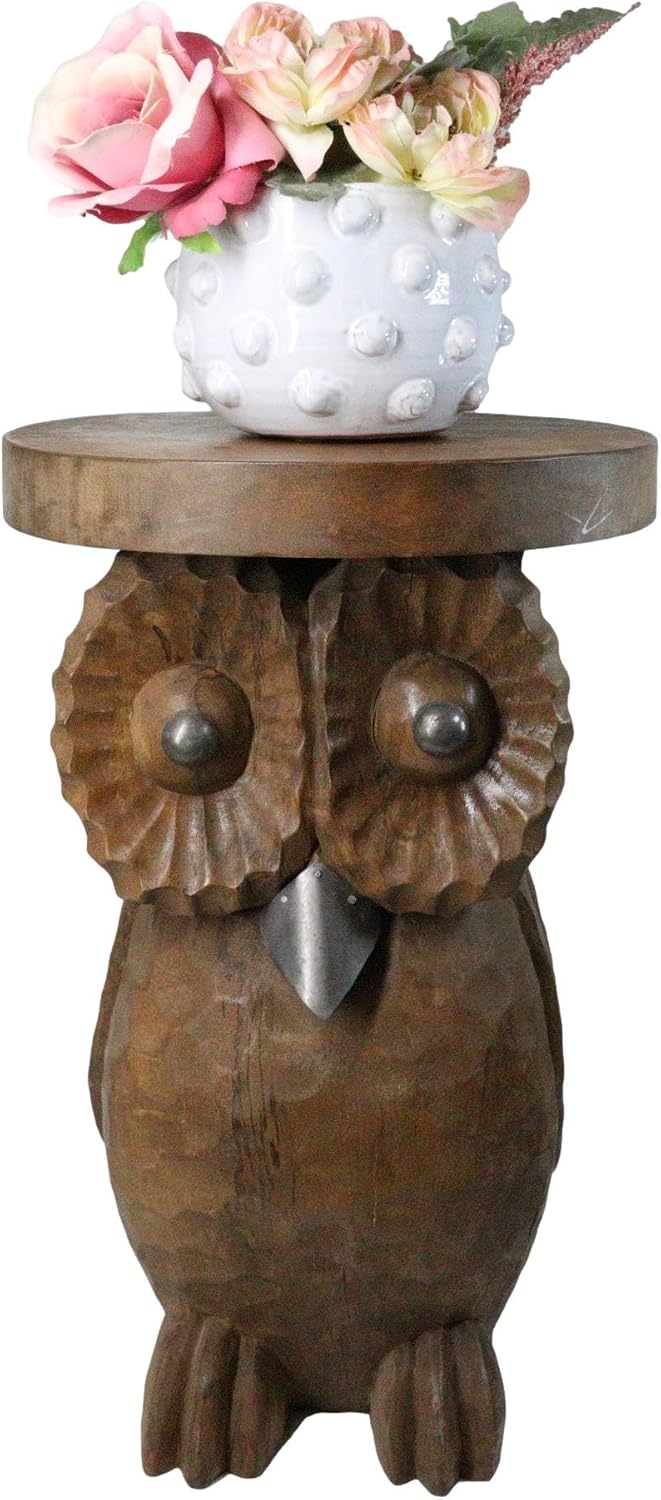 Ebros Gift Hand Carved Whimsical Wise Owl Round Top Sculptural Side Table Made of Mango Wood 18" Tall Home Office Decor Furniture