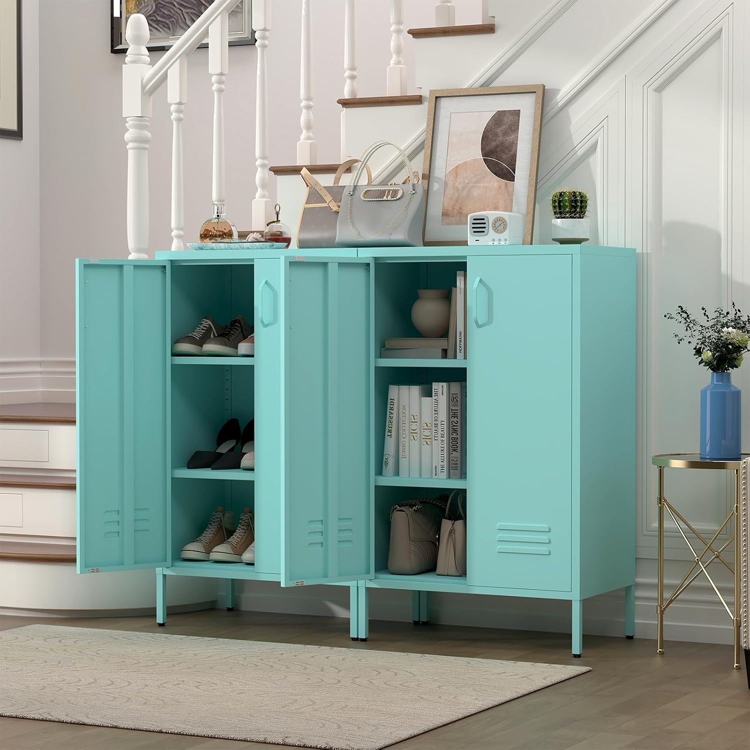 IRONFFICE Metal Accent Cabinet, Steel Cabinet Organizers and Storage, Metal Cabinet with Adjustable Shelves, 2 Doors Storage Cabinet for Hallway, Office, Blue