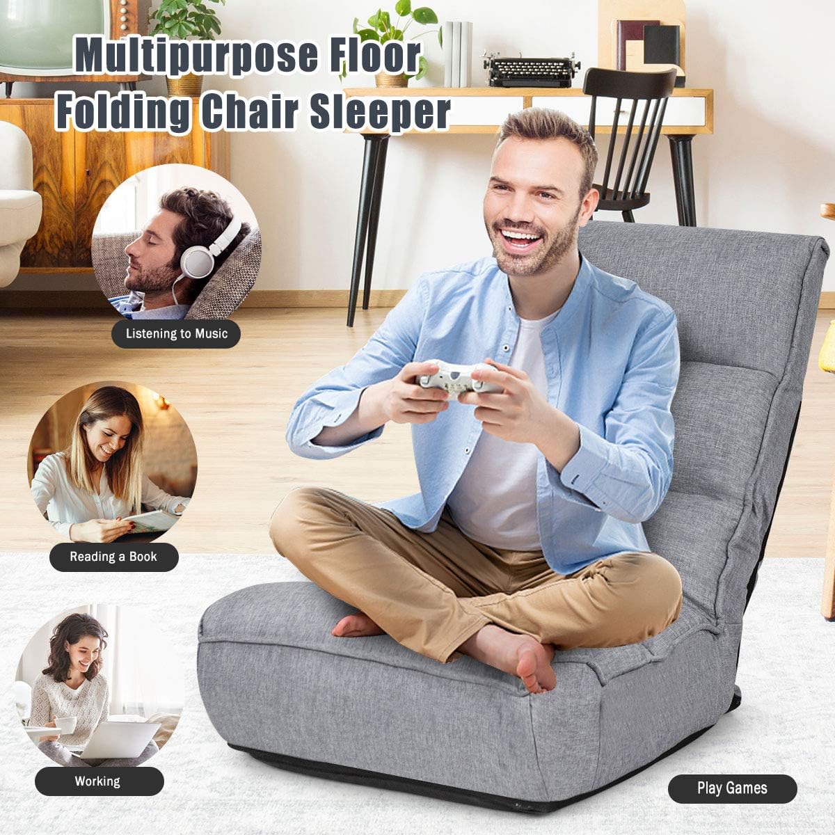 Giantex Floor Chairs for Adults with 4-Position Adjustable Back, 6-Position Adjustable Headrest, Side Pocket, No Assembly Required, Banana Chair, Folding Floor Gaming Chair, Grey