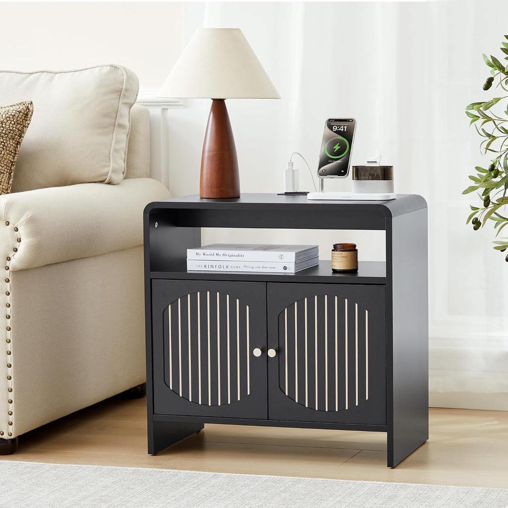 24" Farmhouse Side Table with Charging Station, Mid Century Modern End Table with Storage & Arched Doors, Wooden Nightstand with USB/Type-C Ports, Curved Side Table for Living Room Bedroom(Black)