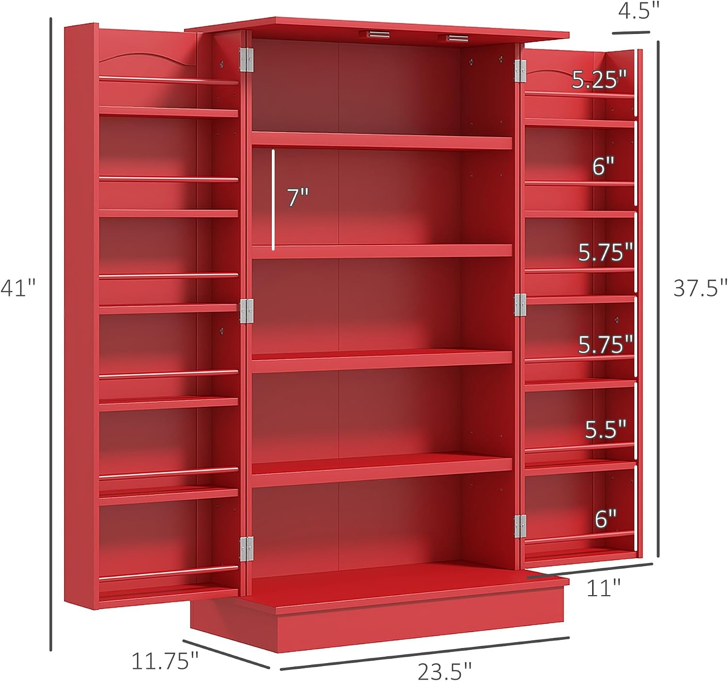 41" Kitchen Pantry Storage Cabinet, Red, with Double Doors, 12 Interior Shelves, Adjustable Shelves for Dishes and Cookbooks