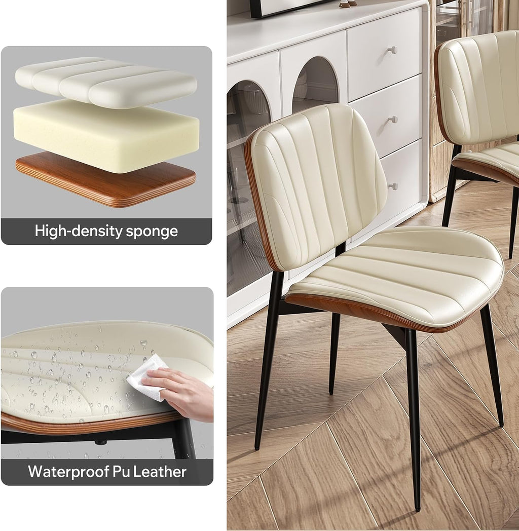 Dining Chairs Set of 2, Mid Century Modern Dining Room Chairs, Upholstered Faux Leather Kitchen Chairs with Walnut Bentwood Back and Metal Legs for Kitchen Dining Room Living Room, PU Beige