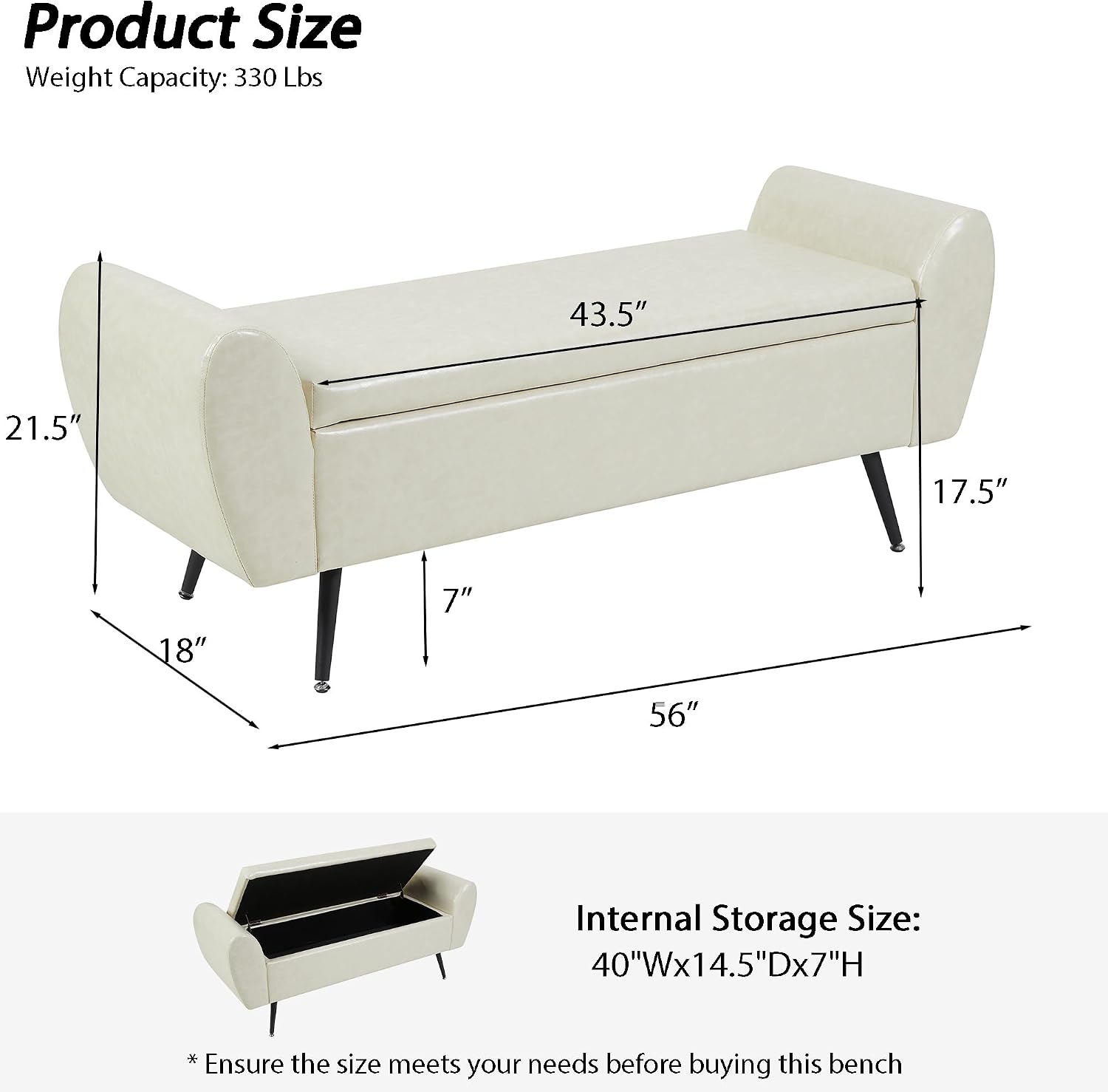 56" Faux Leather Storage Bench for Bedroom King Size Bed, Beige | Long Ottoman, Modern End of Bed Bench, with Arm, Upholstered, For Bedroom/Living Room/Window/Entryway