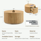 JXQTLINGMU 33" Round Coffee Table with Storage, Fluted Drum Coffee Table, Hidden Push-to-Open Drawer, Natural Oak