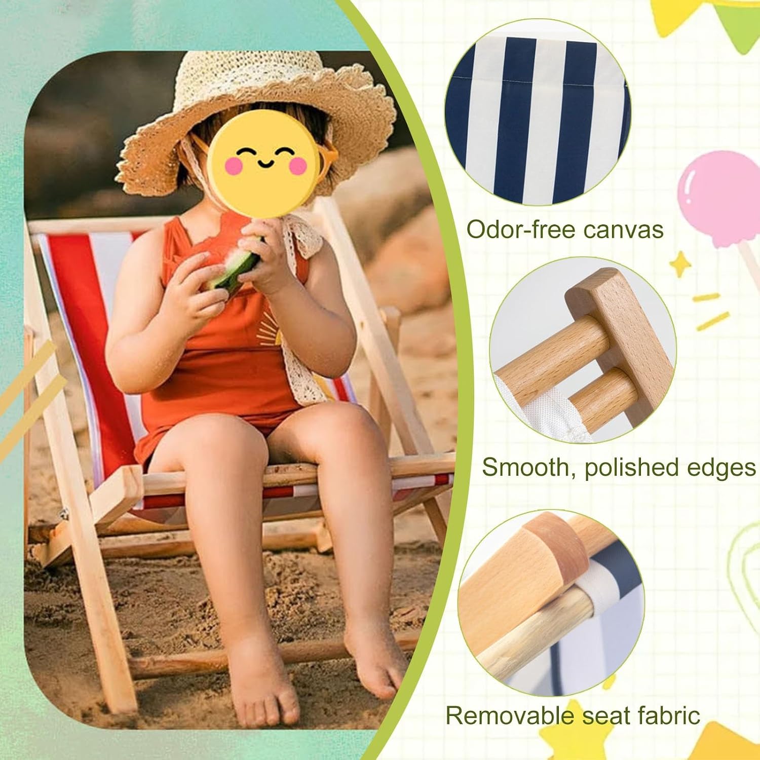 Kids Chaise Lounge Chair Outdoor, Toddler Wood Double Pool Lounger Chairs w/Removable Stripped Fabric Cushions, for Lawn, Pool, Garden, and Yard(Black)