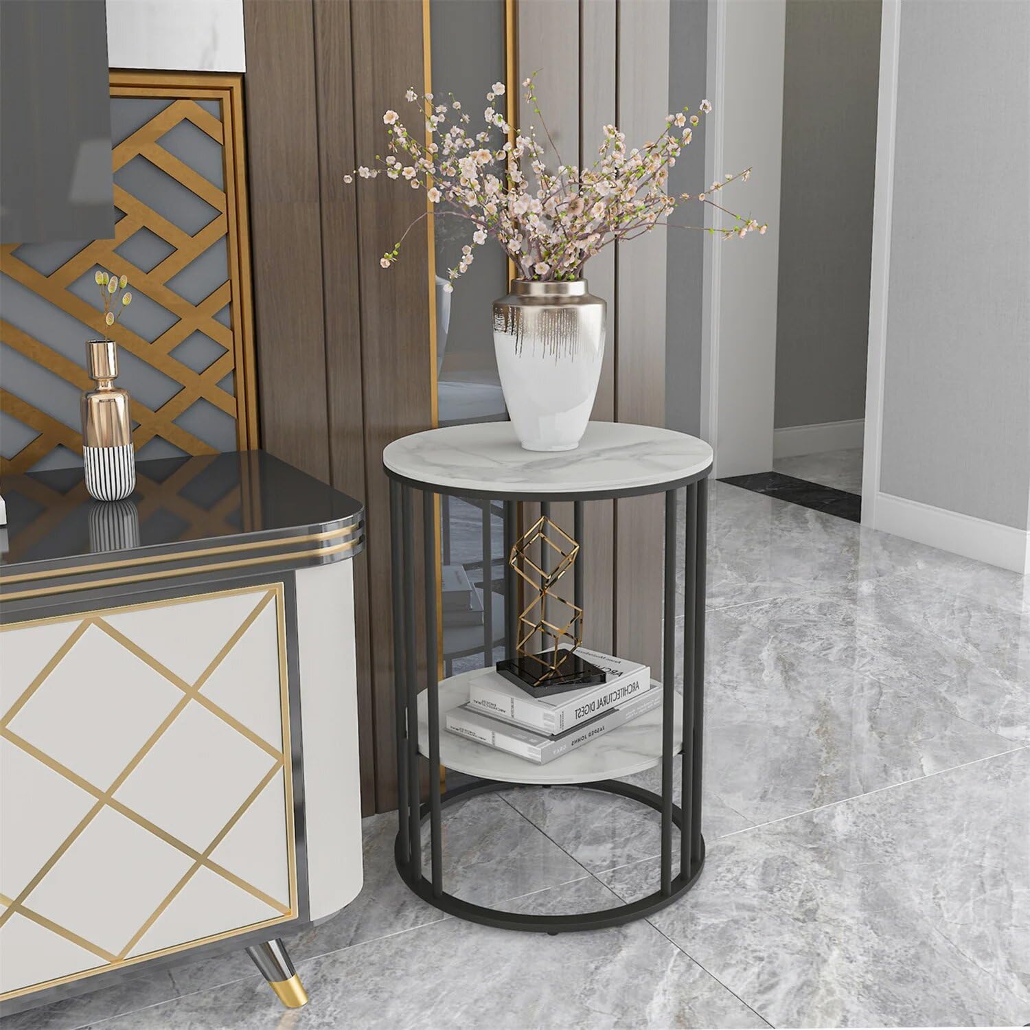 2-Tier White Marble Side Table Round Coffee Table Nightstand Jewellery Storage Shelves (Black Frame)