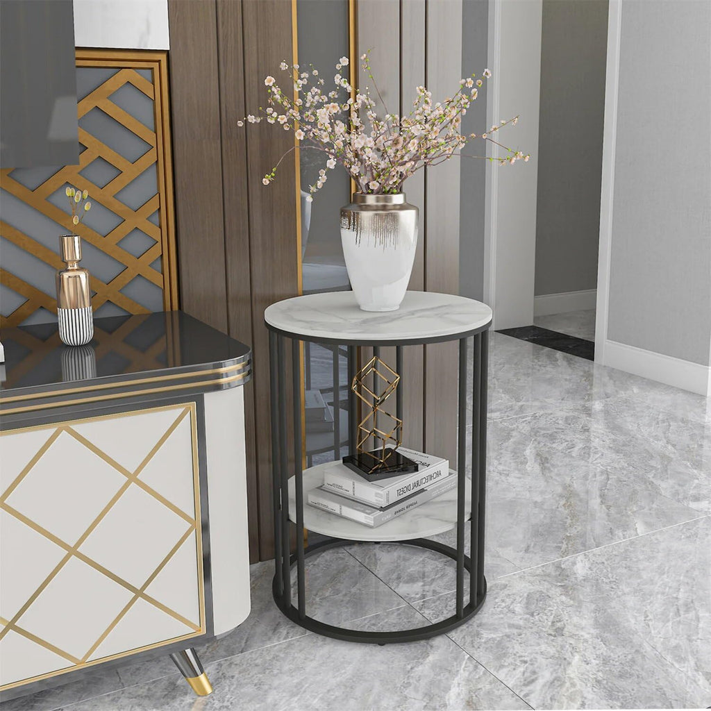 15.7Wx15.7Dx21.3H inch 2-Tier White Marble Side Table Round Coffee Table Nightstand Jewellery Storage Shelves