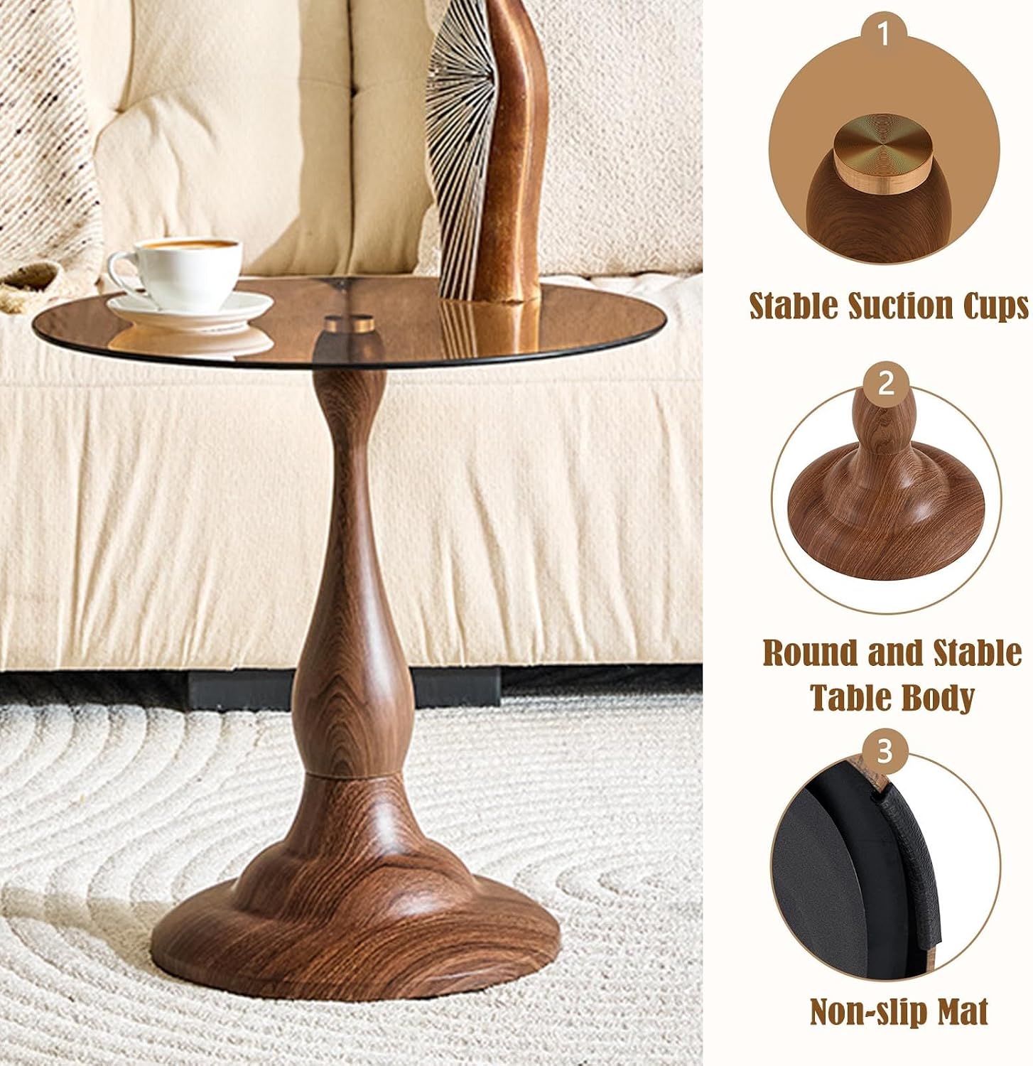 Round Side Table,Round Coffee Table, Small End Tables with Round Metal Frame,Tempered Glass Side Table,19.6 Inch Vintage Accent Table for Sofa, Bedside, Living Room, Bedroom, Patio(Brown)