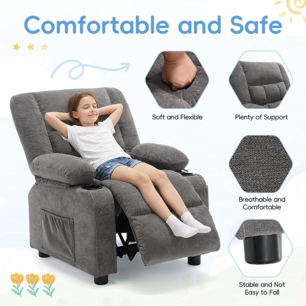 BOSMILLER Kids Recliner Chair， Push Back Toddler Recliner with Cup Holders & Side Pockets， Adjustable Footrest & Headrest Kids Sofa for Boys Girls 3+ Age Group
